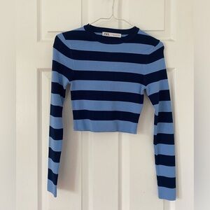 Zara Stretch Knit Blue Long Sleeved Striped Crop Sweater Never Worn Small